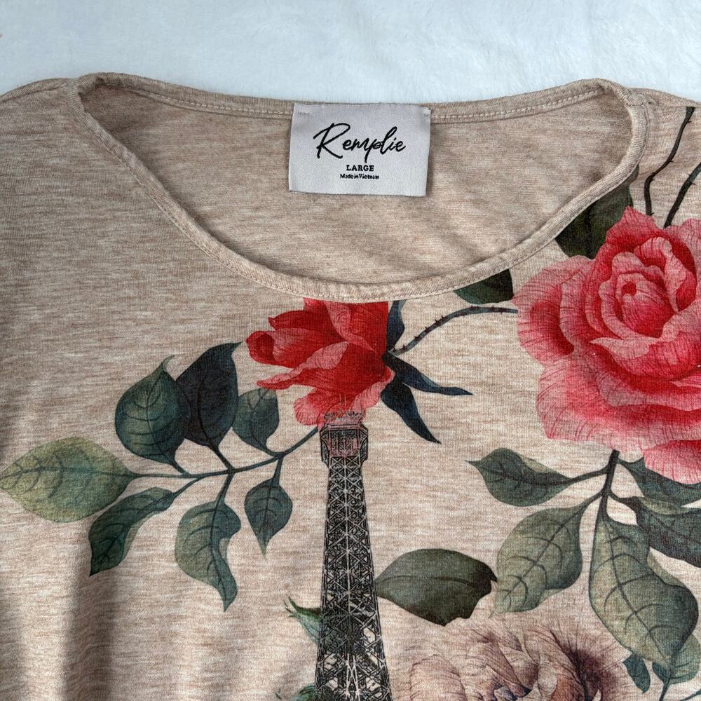 Remplie Eiffel Tower Printed Shirt Dress Women’s L Tan Artsy Roses Parisian Y2K - Picture 3 of 7
